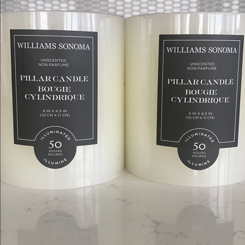 2 William Sonoma White Pillar Candles 4” x 4.5”
